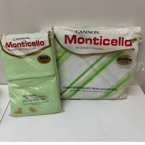 Vintage Cannon Monticello Queen Fitted Sheet & Pillowcases Montauk Stripe Green